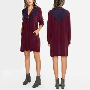 Johnny Was Burgundy Mini Dress with Navy Embroidery